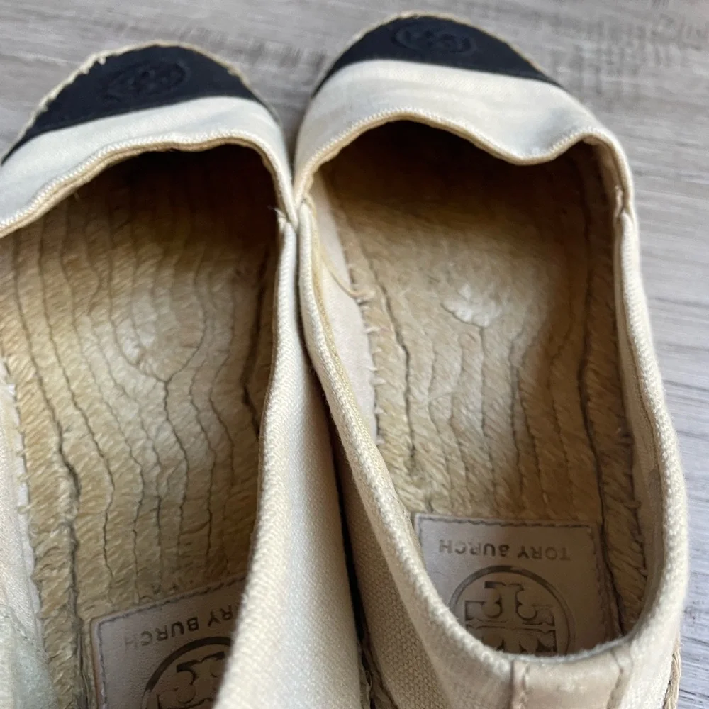 Tory Burch Canvas Espadrille Cream/Black/Tan Slip On Classic Quiet Luxury SZ 7.5
